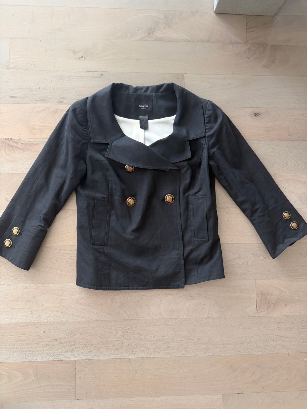 Smythe Charcoal Cropped Double-Breasted Pea Coat with Gold Buttons